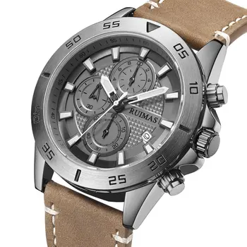 RUIMAS Luxury Brand Mens Watches Quartz Leather Strap Wristwatch Waterproof Clock Sports Large Dial Watch Auto Date Montre Homme