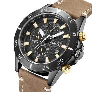 RUIMAS Luxury Brand Mens Watches Quartz Leather Strap Wristwatch Waterproof Clock Sports Large Dial Watch Auto Date Montre Homme