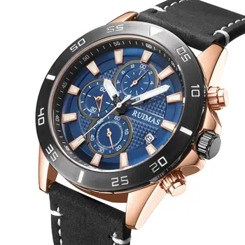 RUIMAS Luxury Brand Mens Watches Quartz Leather Strap Wristwatch Waterproof Clock Sports Large Dial Watch Auto Date Montre Homme