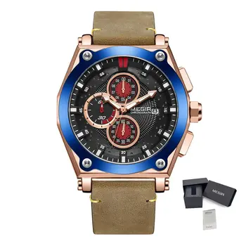 MEGIR Blue Quartz Men Watches Top Brand Leather Strap Chronograph Sport Wrist Watch Men Clock Relogio Masculino Reloj Hombre