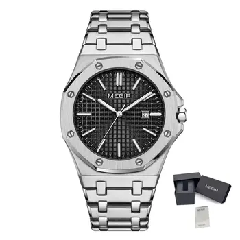 MEGIR Stainless Steel Bracelet Watch for Men Luxury Business Calendar Watches Waterproof Quartz Wristwatch Men Gift Clock 1085