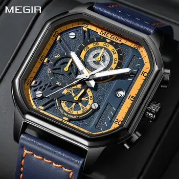 MEGIR Fashion Square Case Men's Sport Watch Quartz Chronograph Luminous Military Wristwatches Luminous Date Clock Reloj Hombre 8106