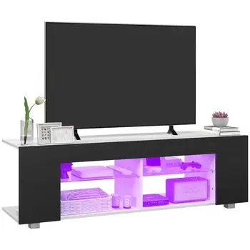 Modern TV Stand, 145cm TV Unit with Glass Shelves, RGB LED Light for 32 40 43 50 52 55 60 inch 4k TV, Black | HOMCOM