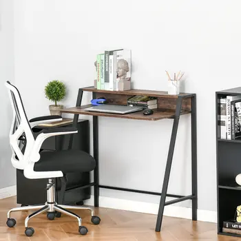 Writing Desk with Storage Shelf and Metal frame, Computer Table, Home Office PC Laptop Workstation in Rustic Brown | HOMCOM