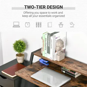 Writing Desk with Storage Shelf and Metal frame, Computer Table, Home Office PC Laptop Workstation in Rustic Brown | HOMCOM