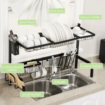Space Saving 2 Tier Adjustable Dish Drainer Over The Sink Dish Drying Rack, Black | HOMCOM