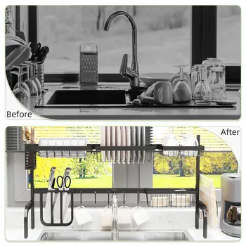 Space Saving 2 Tier Adjustable Dish Drainer Over The Sink Dish Drying Rack, Black | HOMCOM