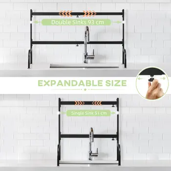 Space Saving 2 Tier Adjustable Dish Drainer Over The Sink Dish Drying Rack, Black | HOMCOM