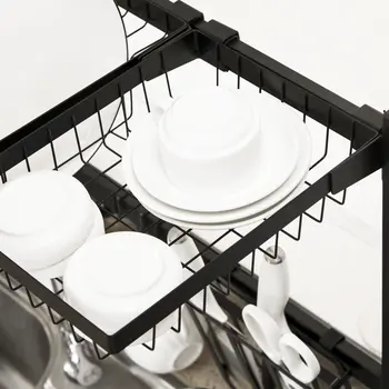 Space Saving 2 Tier Adjustable Dish Drainer Over The Sink Dish Drying Rack, Black | HOMCOM