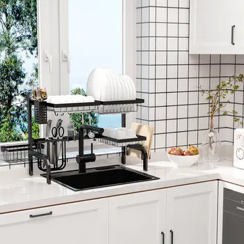 Space Saving 2 Tier Adjustable Dish Drainer Over The Sink Dish Drying Rack, Black | HOMCOM