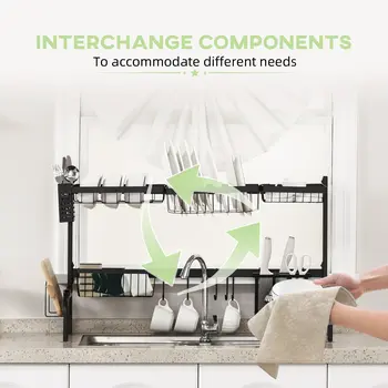 Space Saving 2 Tier Adjustable Dish Drainer Over The Sink Dish Drying Rack, Black | HOMCOM