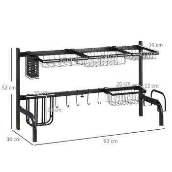 Space Saving 2 Tier Adjustable Dish Drainer Over The Sink Dish Drying Rack, Black | HOMCOM