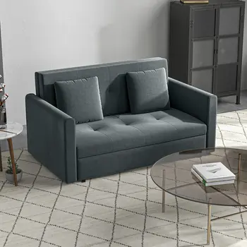 2 Seater Sofa Bed, Convertible Bed Settee, Modern Fabric Loveseat Sofa Couch with 2 Cushions, Hidden Storage for Guest Room, Dark Grey by HOMCOM