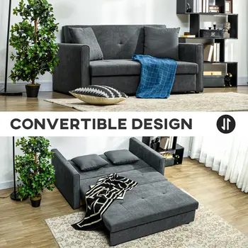 2 Seater Sofa Bed, Convertible Bed Settee, Modern Fabric Loveseat Sofa Couch with 2 Cushions, Hidden Storage for Guest Room, Dark Grey by HOMCOM