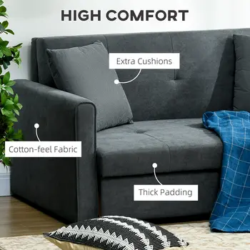2 Seater Sofa Bed, Convertible Bed Settee, Modern Fabric Loveseat Sofa Couch with 2 Cushions, Hidden Storage for Guest Room, Dark Grey by HOMCOM