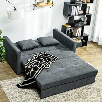 2 Seater Sofa Bed, Convertible Bed Settee, Modern Fabric Loveseat Sofa Couch with 2 Cushions, Hidden Storage for Guest Room, Dark Grey by HOMCOM