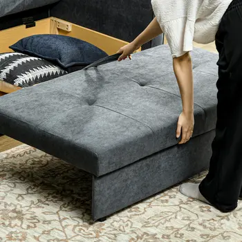 2 Seater Sofa Bed, Convertible Bed Settee, Modern Fabric Loveseat Sofa Couch with 2 Cushions, Hidden Storage for Guest Room, Dark Grey by HOMCOM