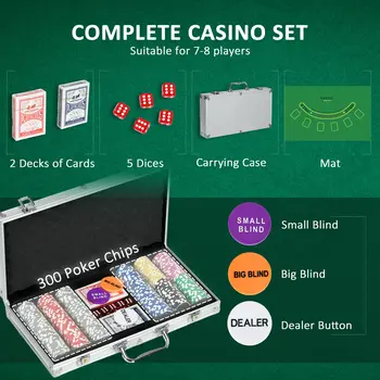 Poker Chips Set, 300PCS with Mat, Chips, 2 Card Decks, Dealer Button, 5 Dice for Casino Night | SPORTNOW