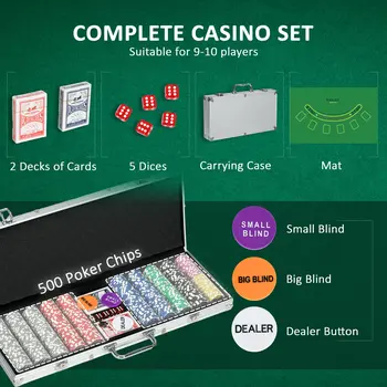 Luxury 500PCS Poker Chips Set, Complete with Gaming Mat, Chips, Dual Card Decks, Dealer Button, 5 Dice, Ultimate Game Night Kit | SPORTNOW
