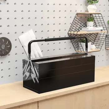 Professional Metal Toolbox, 3 Tier, 5 Tray, Portable with Carry Handle, 56cmx20cmx34cm, Black | DURHAND