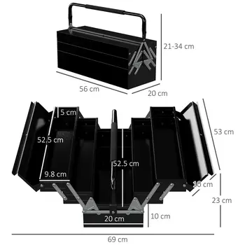 Professional Metal Toolbox, 3 Tier, 5 Tray, Portable with Carry Handle, 56cmx20cmx34cm, Black | DURHAND