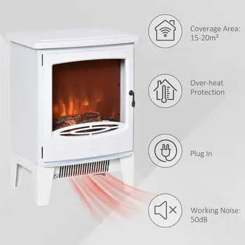 HOMCOM Electric Fireplace Stove, Free standing Fireplace Heater with Realistic Flame Effect, Overheat Safety Protection, 900W/1800W, White