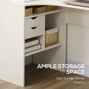 Corner Computer Desk L-Shaped Workstation with Storage Shelf Drawer for Home Office in White | HOMCOM
