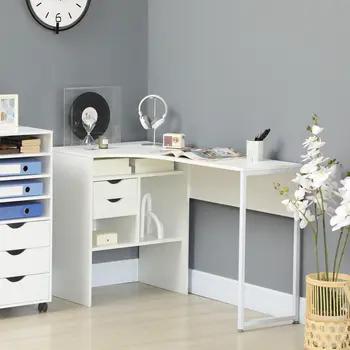Corner Computer Desk L-Shaped Workstation with Storage Shelf Drawer for Home Office in White | HOMCOM