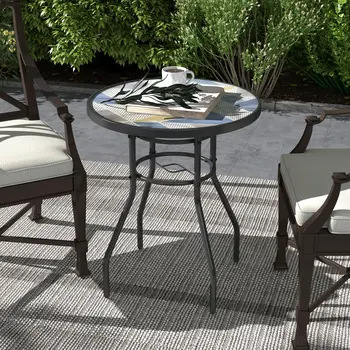 Garden Table with Tempered Glass Top, Printed Design, Steel Frame, for Porch, Multicolour | Outsunny