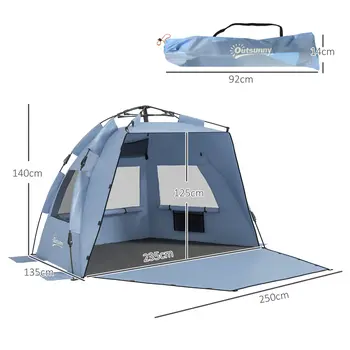 Pop Up Beach Tent for 2-3 Persons, UPF15+ Sun Protection Shelter with Extended Groundsheet, Sandbags, Light Blue | Outsunny