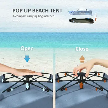 Pop Up Beach Tent for 2-3 Persons, UPF15+ Sun Protection Shelter with Extended Groundsheet, Sandbags, Light Blue | Outsunny