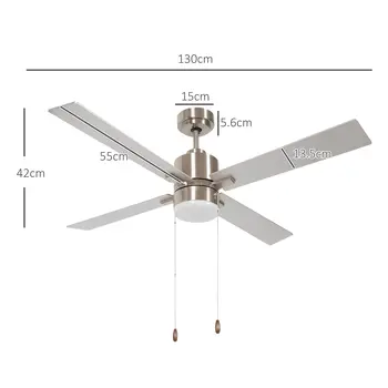Ceiling Fan with LED Light, Flush Mount Ceiling Fan Lights with Reversible Blades, Pull-chain, Silver and Natural Tone by HOMCOM