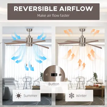 Ceiling Fan with LED Light, Flush Mount Ceiling Fan Lights with Reversible Blades, Pull-chain, Silver and Natural Tone by HOMCOM
