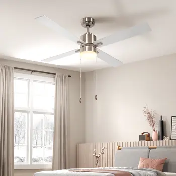 Ceiling Fan with LED Light, Flush Mount Ceiling Fan Lights with Reversible Blades, Pull-chain, Silver and Natural Tone by HOMCOM