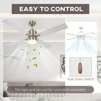 Ceiling Fan with LED Light, Flush Mount Ceiling Fan Lights with Reversible Blades, Pull-chain, Silver and Natural Tone by HOMCOM