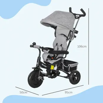 4 in 1 Kids Trike Push Bike with Push Handle, Canopy, 5-point Safety Belt, Storage, Footrest, Brake, for 1-5 Years in Grey | HOMCOM