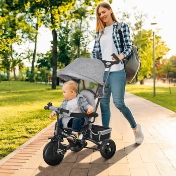 4 in 1 Kids Trike Push Bike with Push Handle, Canopy, 5-point Safety Belt, Storage, Footrest, Brake, for 1-5 Years in Grey | HOMCOM