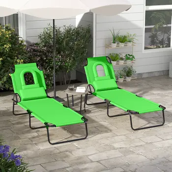 Foldable Sun Lounger Duo, Adjustable 4-Level Backrest, Comfort Pillow & Reading Slot, Easy Storage, Vibrant Green | Outsunny