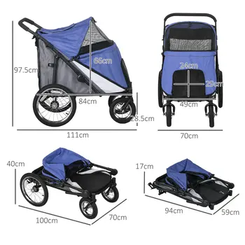 Foldable Pet Stroller, with Washable Cushion, Storage Bags, Safety Leash, for Medium, Large Dogs, Catts, Travel - Blue | PawHut