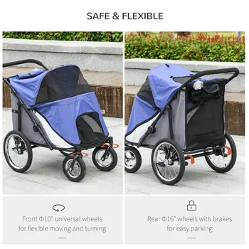Foldable Pet Stroller, with Washable Cushion, Storage Bags, Safety Leash, for Medium, Large Dogs, Catts, Travel - Blue | PawHut
