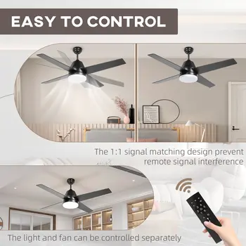 Ceiling Fan with LED Light, Flush Mount Ceiling Fan Lights with Reversible Blades, Remote, Black and Walnut Brown | HOMCOM
