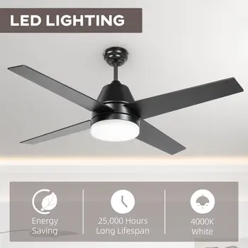 Ceiling Fan with LED Light, Flush Mount Ceiling Fan Lights with Reversible Blades, Remote, Black and Walnut Brown | HOMCOM