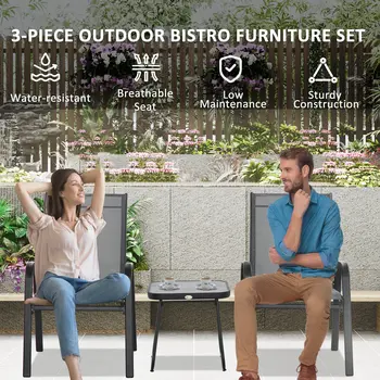 Outsunny 3 Pieces Outdoor Bistro Set, Patio Stackable Armchairs with Breathable Mesh Fabric and SPC Board Coffee Table, Light Grey