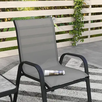Outsunny 3 Pieces Outdoor Bistro Set, Patio Stackable Armchairs with Breathable Mesh Fabric and SPC Board Coffee Table, Light Grey