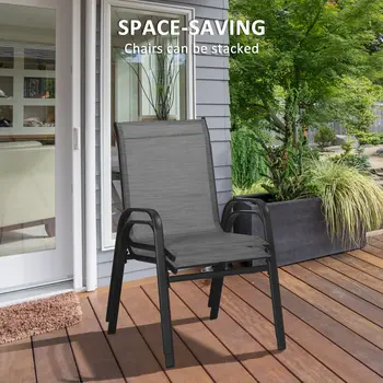 Outsunny 3 Pieces Outdoor Bistro Set, Patio Stackable Armchairs with Breathable Mesh Fabric and SPC Board Coffee Table, Light Grey