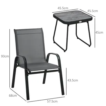 Outsunny 3 Pieces Outdoor Bistro Set, Patio Stackable Armchairs with Breathable Mesh Fabric and SPC Board Coffee Table, Light Grey