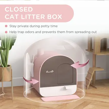Hooded Cat Litter Box, Kitten Litter Tray, with Lid, Scoop, Filter, Flap Door, Pink | PawHut
