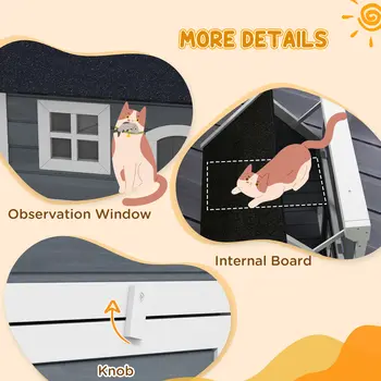 Outdoor Cat House, Wooden Feral Cat Shelter Waterproof Hide House with Openable Asphalt Roof and Three Doors, 77 x 57.5 x 68cm, Grey | PawHut