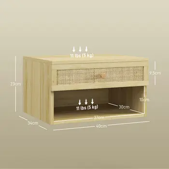 Set of Two Rattan Panel Floating Bedside Tables - Wood-Effect | HOMCOM