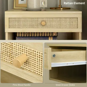 Set of Two Rattan Panel Floating Bedside Tables - Wood-Effect | HOMCOM